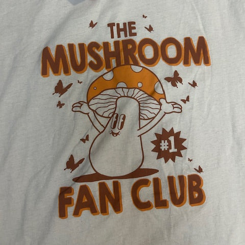 White t-shirt with 'The Mushroom Fan Club' design