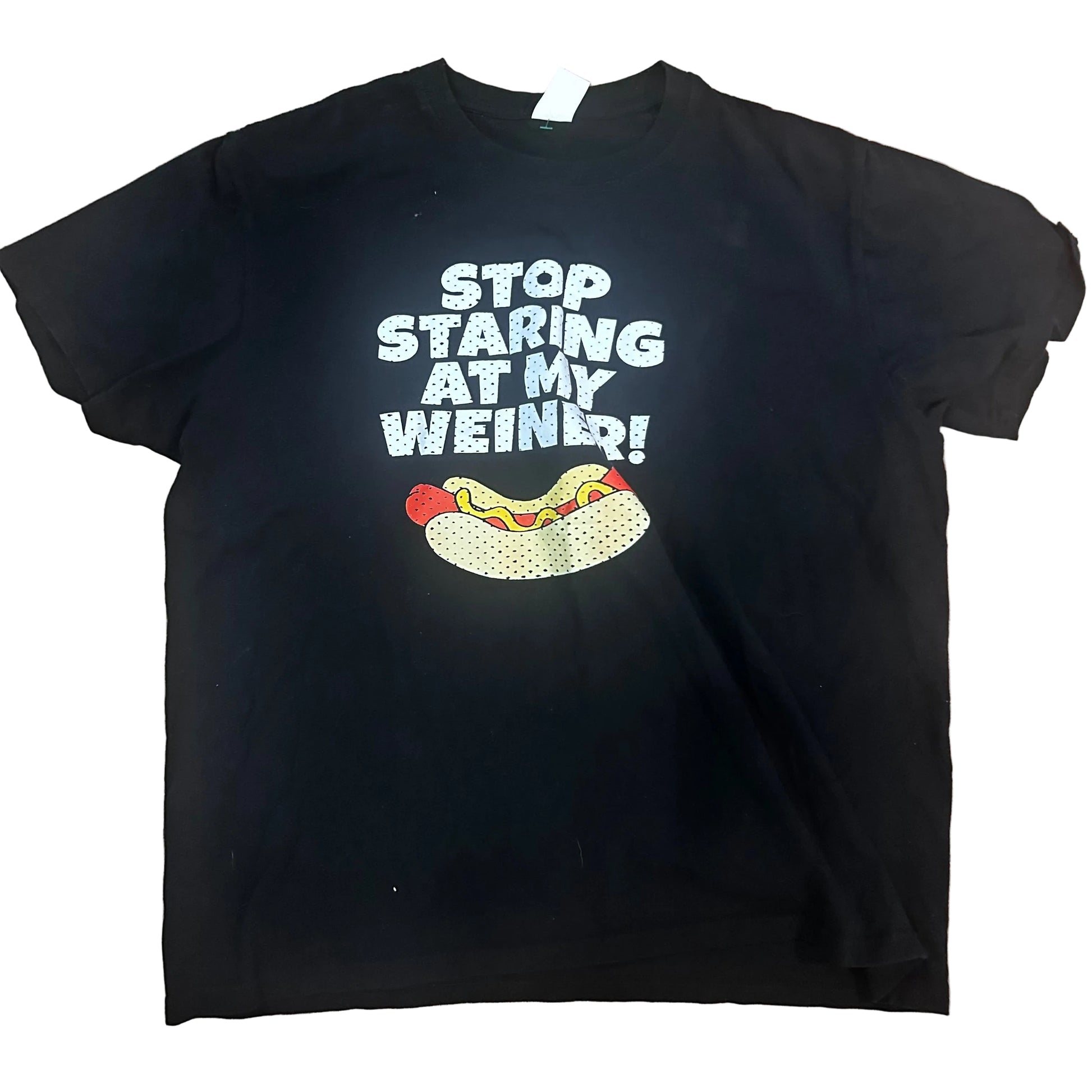 Black t-shirt with a graphic of a hot dog and text 'Stop Staring at My Weiner!' on a white background