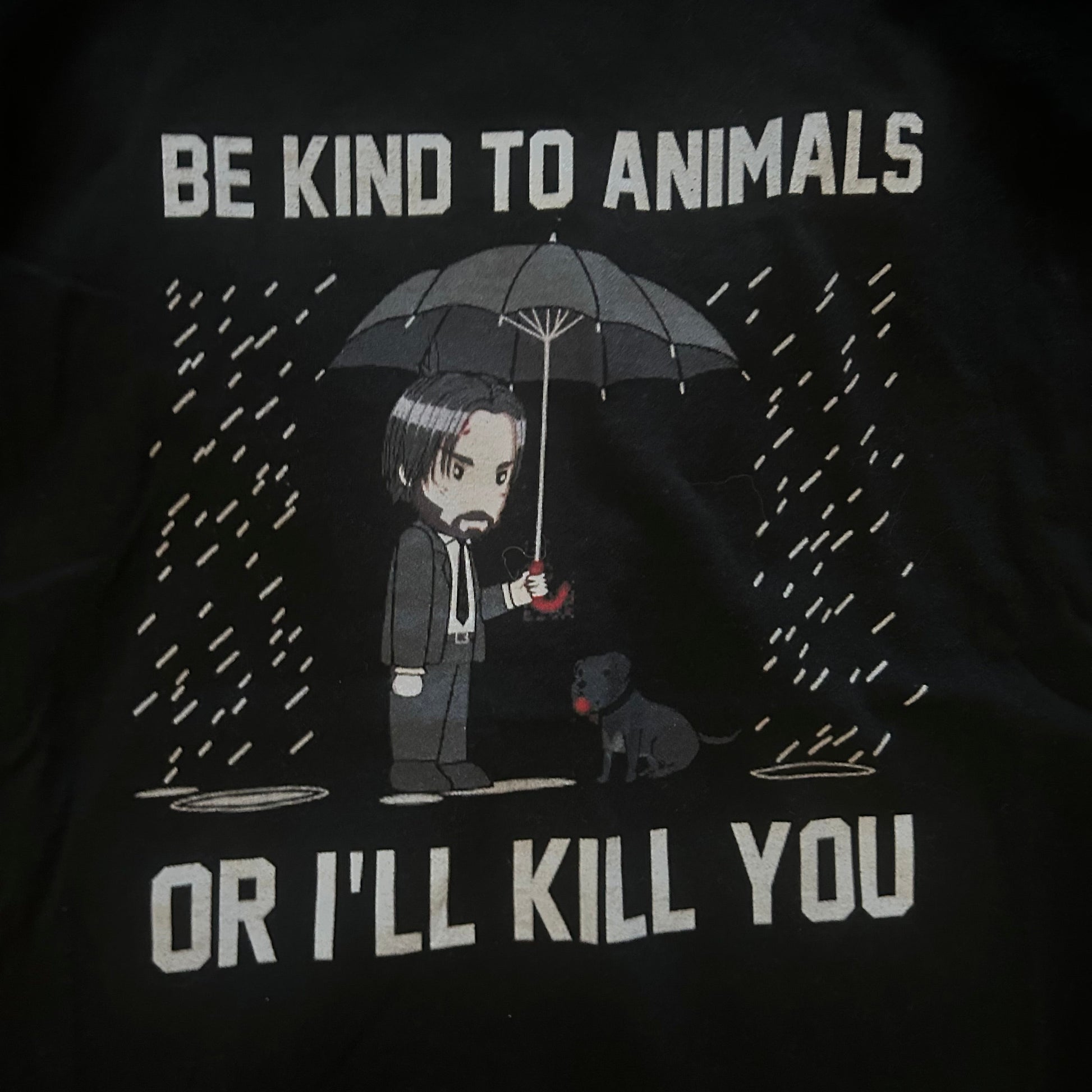 Black t-shirt with graphic design and text 'Be kind to animals or I'll kill you' on a dark background