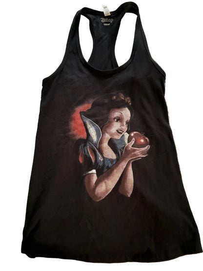 Thrifted vintage A black racerback tank top featuring a large graphic print of Snow White holding an apple, laid flat on a textured beige fabric background.