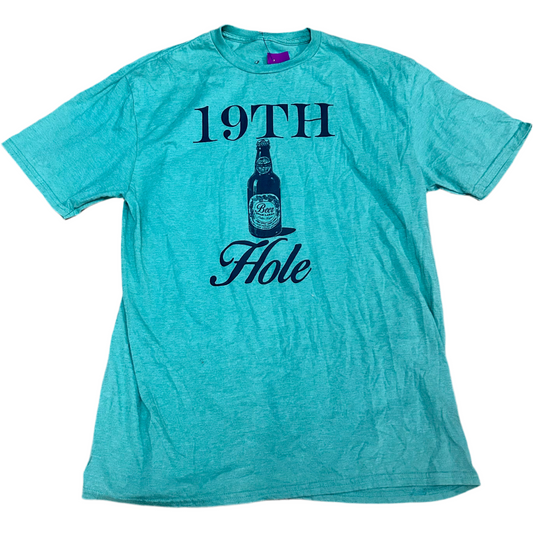 Green funny golfing  t-shirt with '19th Hole' text and beer bottle graphic.