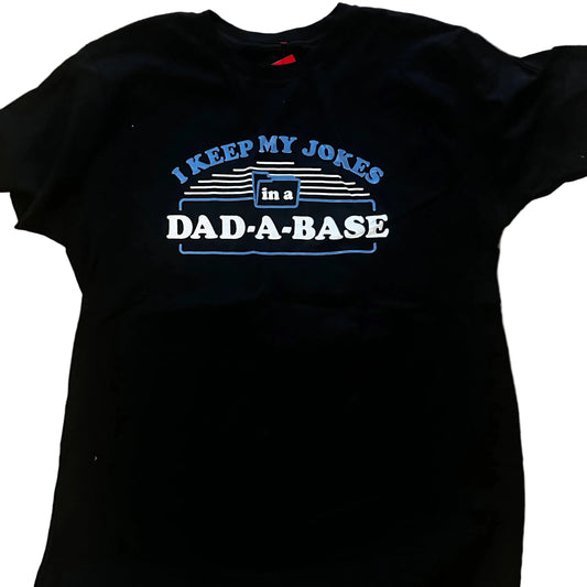Black t-shirt with humorous dad joke text design on a white background