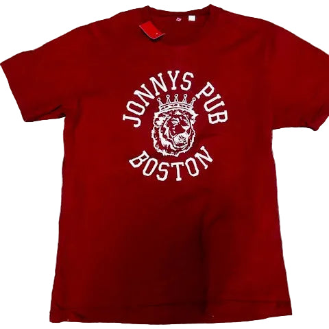 Pub Boston Red long-sleeve shirt with white text and logo on a tiled floor