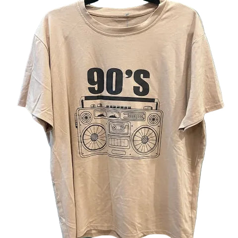 Beige 90s boombox t-shirt with graphic design 