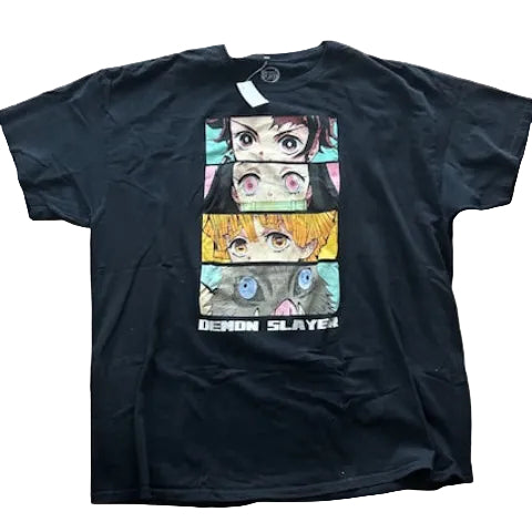 demon slayer Black t-shirt with colorful graphic design on a tiled floor