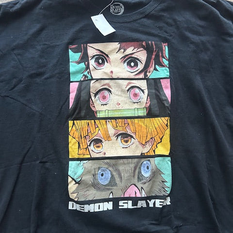demon slayer Black t-shirt with colorful graphic design on a textured surface