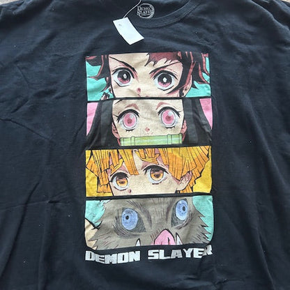 demon slayer Black t-shirt with colorful graphic design on a textured surface