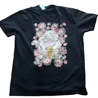 Black Lucky Cat t-shirt with a colorful cat graphic design
