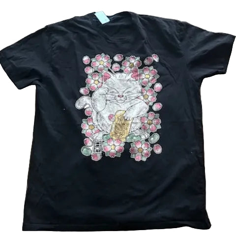 Black Lucky Cat t-shirt with a colorful cat graphic design