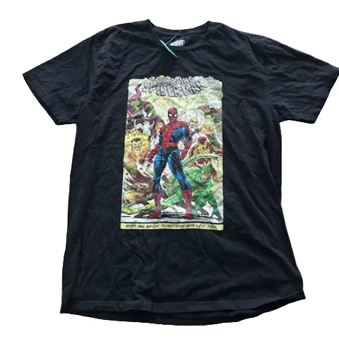 Black t-shirt with a colorful graphic of Spider-Man and Green Goblin  comic book cover tee shirt