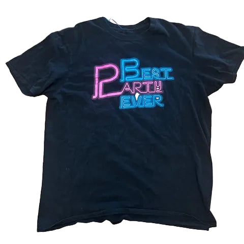 Black t-shirt with 'Best Party Ever' text in colorful letters on a tiled floor.
