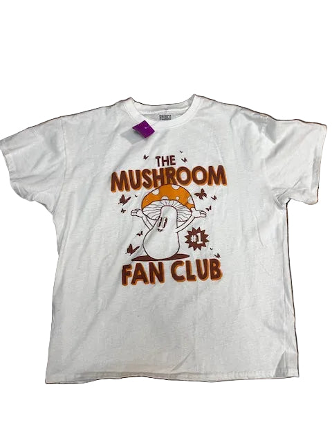 White t-shirt with 'The Mushroom Fan Club' design 