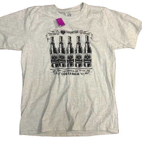 Gray t-shirt with beer bottle graphic and text on a white background