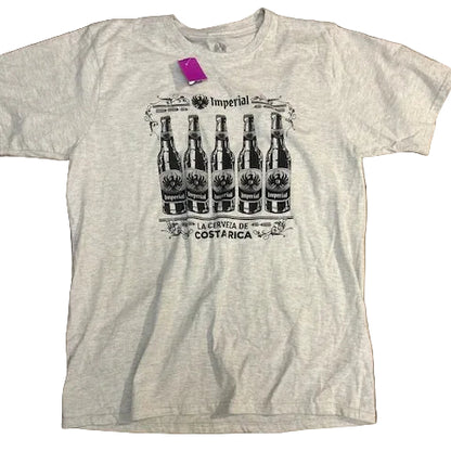 Gray t-shirt with beer bottle graphic and text on a white background
