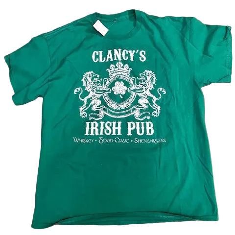 Green t-shirt with Irish Pub text and graphics 