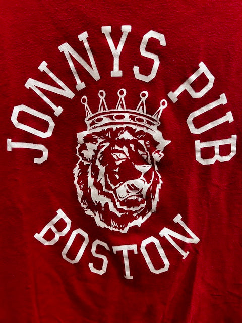 Red fabric with white text and logo, featuring 'Johnny's Pub Boston' on a red background.
