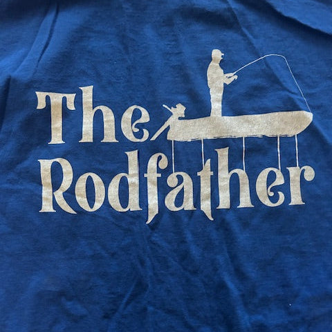 Blue t-shirt with 'The Rodfather' graphic design on a blue background
