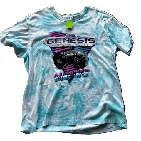 Light blue tie-dye t-shirt with Sega Genesis graphic on a white background